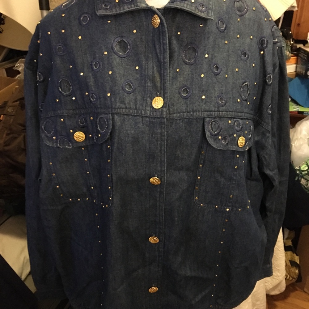 Lightweight “Denim” Jacket Cotton Mureli XL 4 Pockets Gold Embellishments Pleats